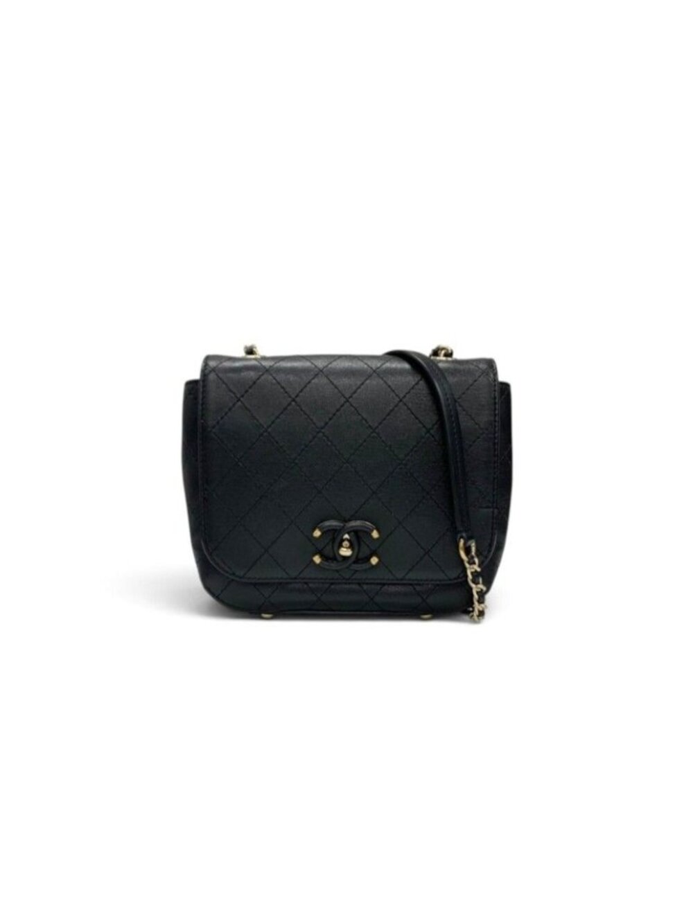 Chanel Shoulder Bag Black Gold Quilted Turnlock CC Logo Chain